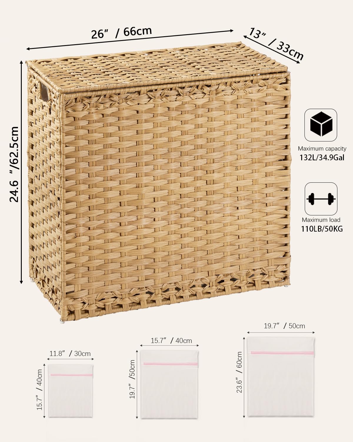 SETVSON Laundry Hamper with Lid Laundry Basket 132 L (35 Gal) Wicker Clothes Hamper, Handwoven Rattan Hamper with Handles and 4 Removable Liner Bags, 6 Mesh Bags for Laundry Bedroom Natural