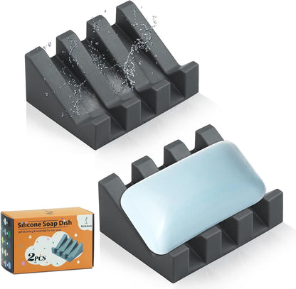 Self Draining Silicone Soap Dish Holder Waterfall Tray, 2 Pack Black | Waterfall design drains fast to keep soap dry, non-slip silicone base anti slide, soap saver for bathroom & kitchen