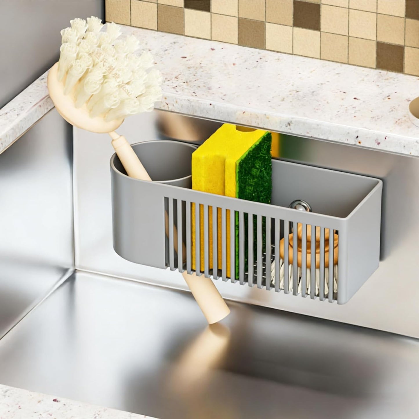 Sink Caddy & Kitchen Sink Organizer,Black Sponge Holder with High Scrub Brush Holder,Plastic Kitchen Countertop Organizer,Multifunctional Sponge Drain Rack,Dish Soap,Dish Sponge Holder,Soap Dispenser