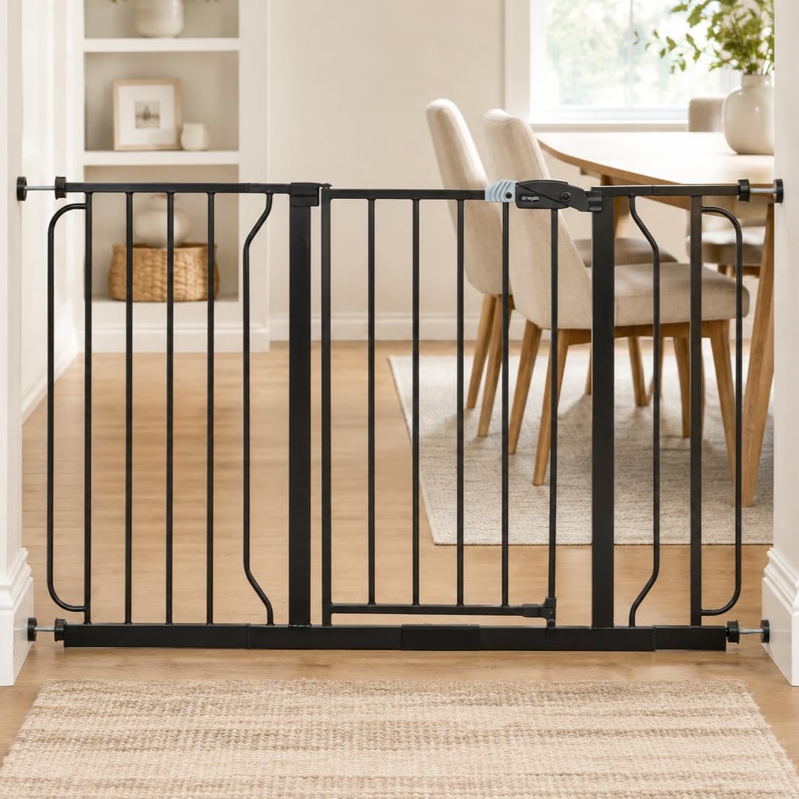 Regalo Safety 29-38.5" Baby Gate for Doorways & Bottom of Stairs, Pressure Mounted Baby Gate with Door for Babies, Toddlers & Pets, Tested & Safe for 30 Years, American Designed, American Owned, White