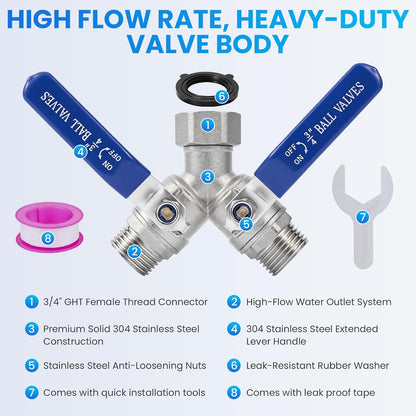 2 Way Garden Hose Splitter, 304 Stainless Steel Full Flow Y Valve with Long Blue Handle, Lead-Free 3/4" GHT Thread Hose Connector for Outdoor Faucet, Independent Shut Off Valves