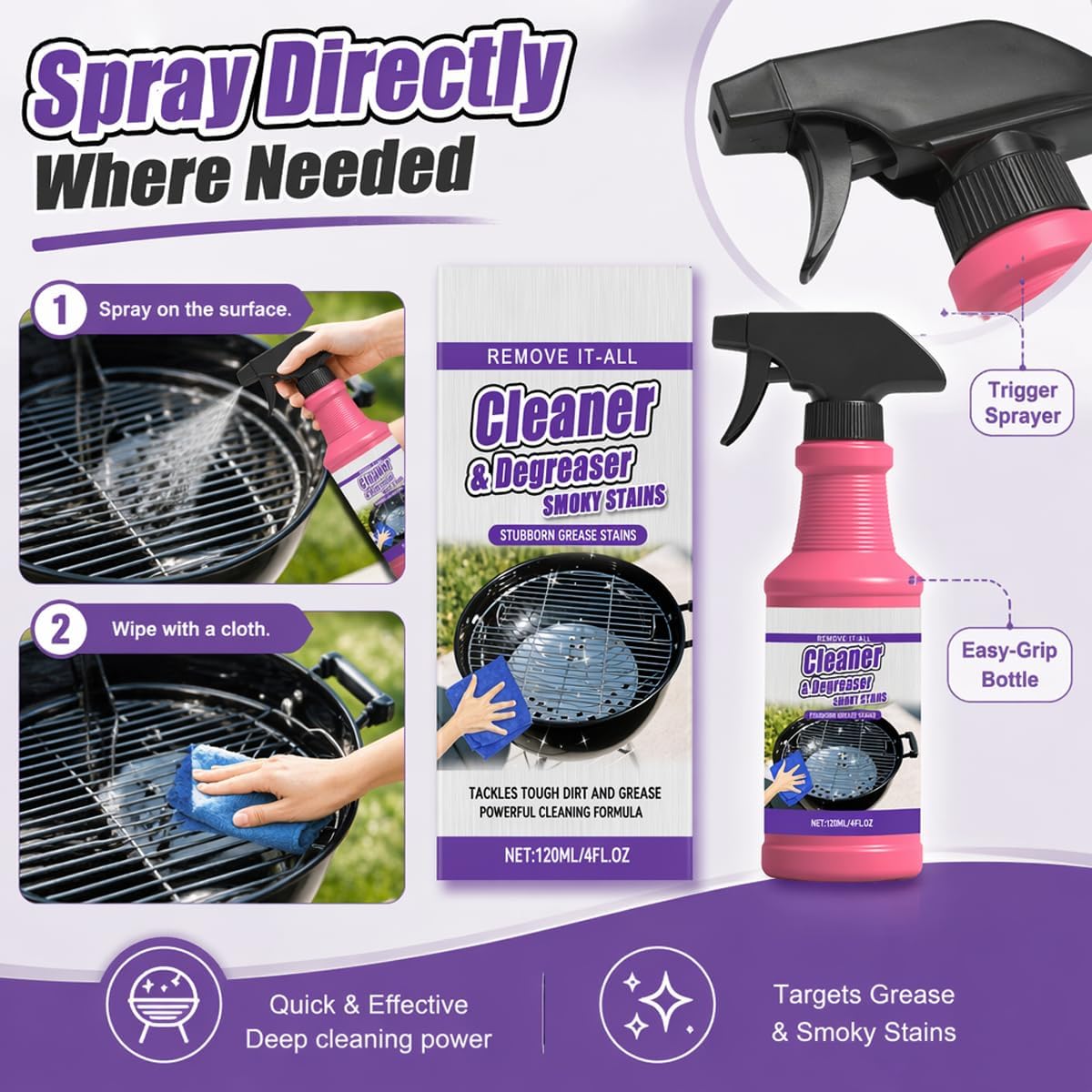 Fast-Acting Grill Cleaner Spray, Heavy Duty BBQ Degreaser for Burnt Food & Stubborn Grease, Powerful No-Scrub Oven & Kitchen Cleaner for Grills, Stovetops & Pans (1pcs)
