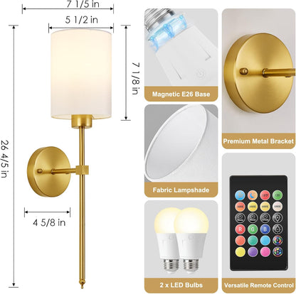 Battery Operated Wall Sconces Set of Two,Wireless Rechargeable Wall Light With Remote Control, Dimmable, Amber Light/Warm White/Natural White/Daylight/RGB, Timer,for Living Room,Bedroom,Entryway,Gold
