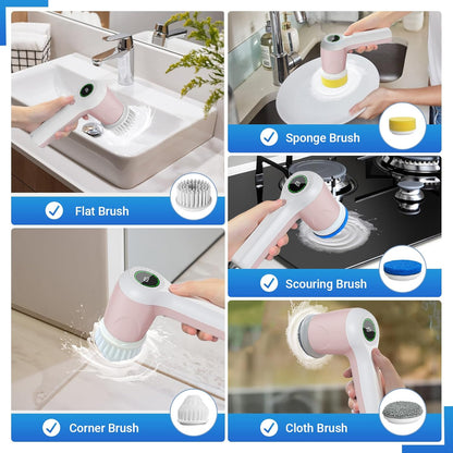 PUFTEM Electric Spin Scrubber, Cordless Shower Scrubber with Battery Level Display, 2 Speeds Electric Scrubber for Cleaning with 6 Replaceable Heads, Cleaning Brush for Bathroom/Sink/Window