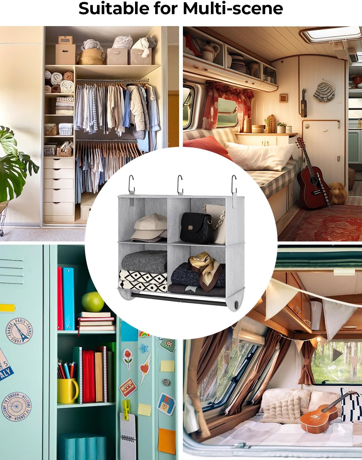 StorageWorks Hanging Closet Organizer with Metal Rod, 4-Section Closet Organizers and Storage, Collapsible Hanging Shelves for Baby Clothes, Shoes, Sweater Storage, Ivory and White