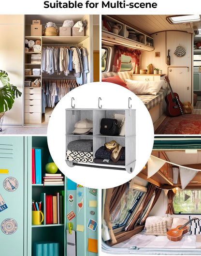 StorageWorks Hanging Closet Organizer with Metal Rod, 4-Section Closet Organizers and Storage, Collapsible Hanging Shelves for Baby Clothes, Shoes, Sweater Storage, Ivory and White