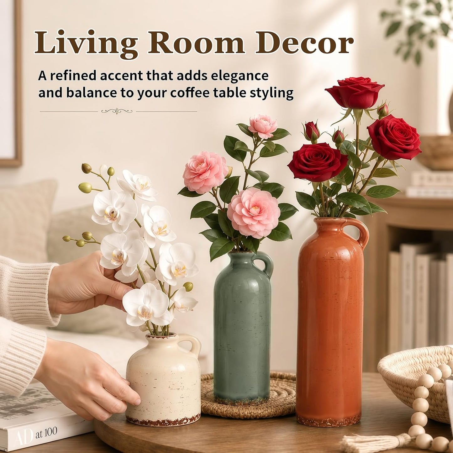 TBWIND Ceramic Vases Set of 3, Neutral Pottery Rustic Farmhouse Flower Vase | Small Decorative Flower Vases Modern Home Decor for Table Mantel Entryway Bookshelf Living Room Kitchen Bedroom