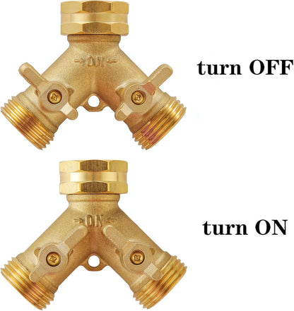Garden Hose Splitter 2 Way Heavy Duty, Outdoor Faucet Splitter 2 Way, Solid Brass Spigot Splitter Hose Y Splitter with Shutoff Valve