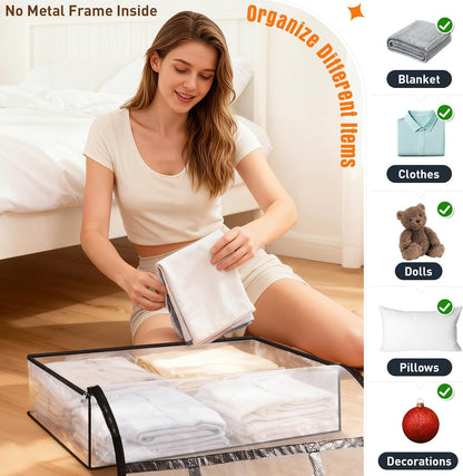 4 Packs Clear Under Bed Storage Containers - 60 L Large Capacity Clothes Storage Bags with Lid & Sturdy Handles, Foldable Moving Bags, Clothing Organizer Totes for Bedding, Comforter, Sheet