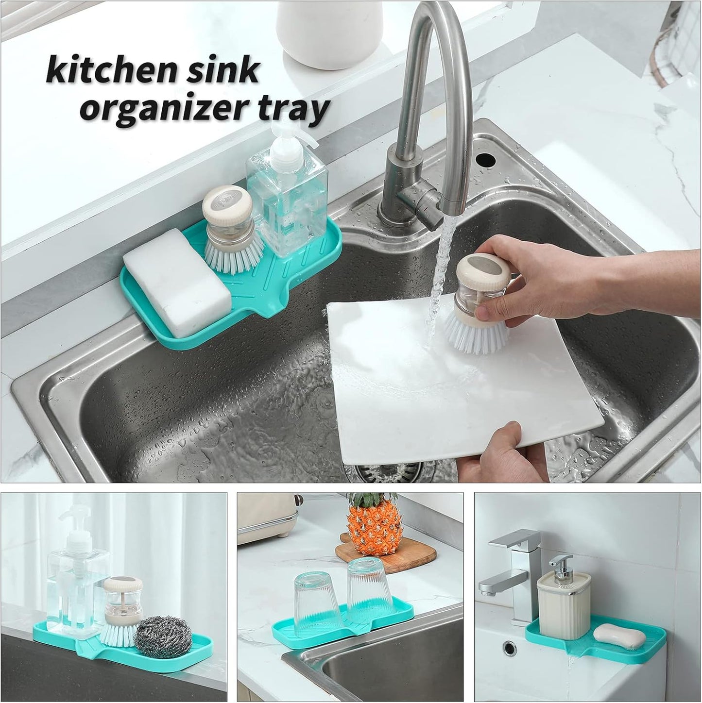 MicoYang Silicone Bathroom Soap Dishes with Drain Spout-Bathroom and Kitchen Sink Organizer,Sponge Holder,Dish Soap Tray,Perfect for Dispenser,Scrubber,Bottle,Cup on Sink or Counter-Coffee 4.9"×3.2"