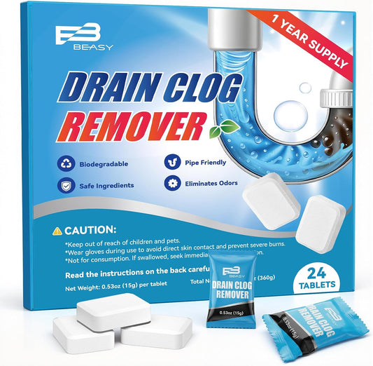 Drain Clog Remover Tablet, 24 Count Sink Drain Cleaner, Powerful Pipeline Dredging Agent Unclogging Sink Hair Cleaner for Kitchen, Shower Pipes and Drains