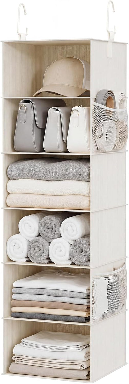 StorageWorks 6-Shelf Hanging Closet Organizer, Hanging Shelves for Closet, Fabric, Mixing of Beige, White & Ivory, 12" D x 12" W x 47 1⁄2" H