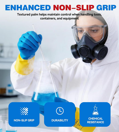AnTools 2 Pairs Neoprene and Rubber Blend Heavy-Duty Chemical Gloves, Protective industrial gloves for Resist Acid, Alkali, Hazmat, cleaning, dishwashing, X-Large
