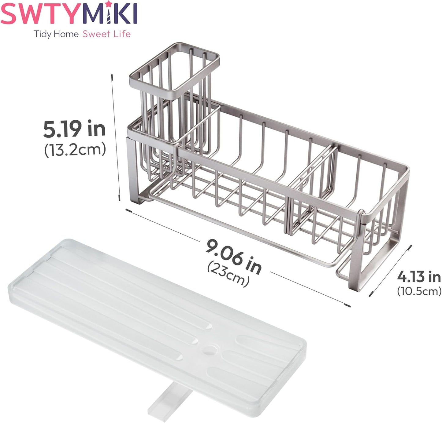 SWTYMIKI Sink Caddy Sponge Holder - Large Sponge Holder for Kitchen Sink with 360°Auto-Drain Tray, Rustproof Stainless Steel Kitchen Organizer Caddy for Countertop Organization