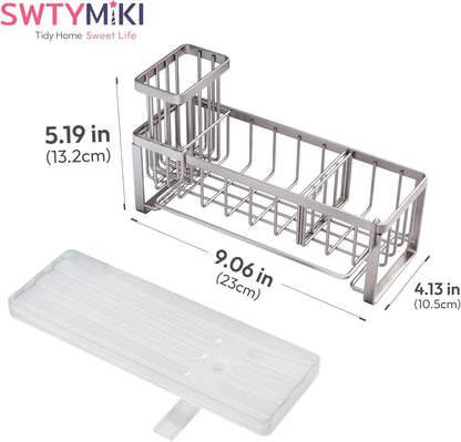 SWTYMIKI Sink Caddy Sponge Holder - Large Sponge Holder for Kitchen Sink with 360°Auto-Drain Tray, Rustproof Stainless Steel Kitchen Organizer Caddy for Countertop Organization