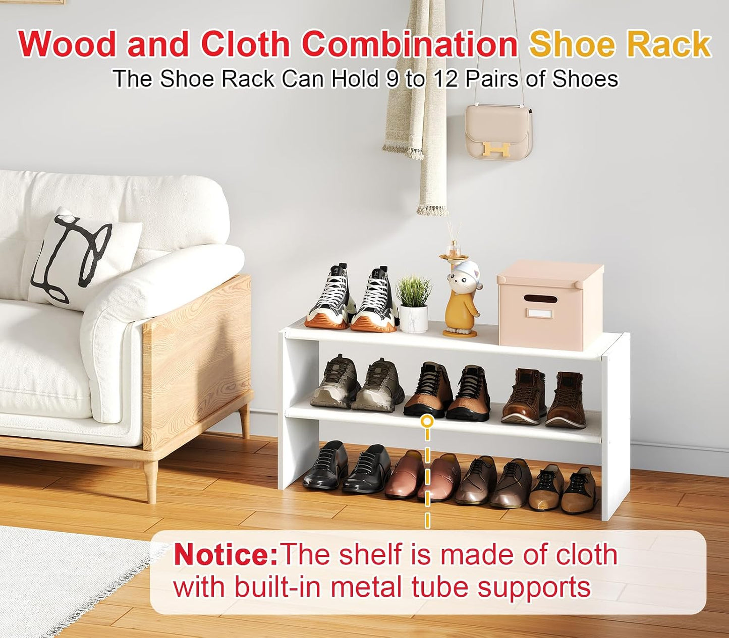 Cidaziya 2 Tier Small White Shoe Rack for Closet, Stackable Shoe Shelf Organizer for 9-12 Pairs of Shoes, Portable Wood and Cloth Structure, Small Shoe Storage Organizer, Size 28.5"* 11" * 13"