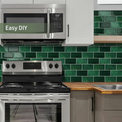 10-Sheet Thick Peel and Stick Kitchen Backsplash Tiles(Green,12"×12") | 3D Subway Waterproof Self-Adhesive Wall Tile Stick on Backsplash for Kitchen and Bathroom