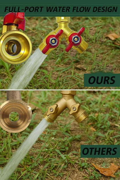 Upgraded Full-Flow Brass Garden Hose Splitter, 3/4 Inch，2-Way Y Connector for Outdoor Faucet, Heavy-duty Handle & Individual Shut-Off Valves, Ideal for Garden Irrigation & Cleaning Tasks