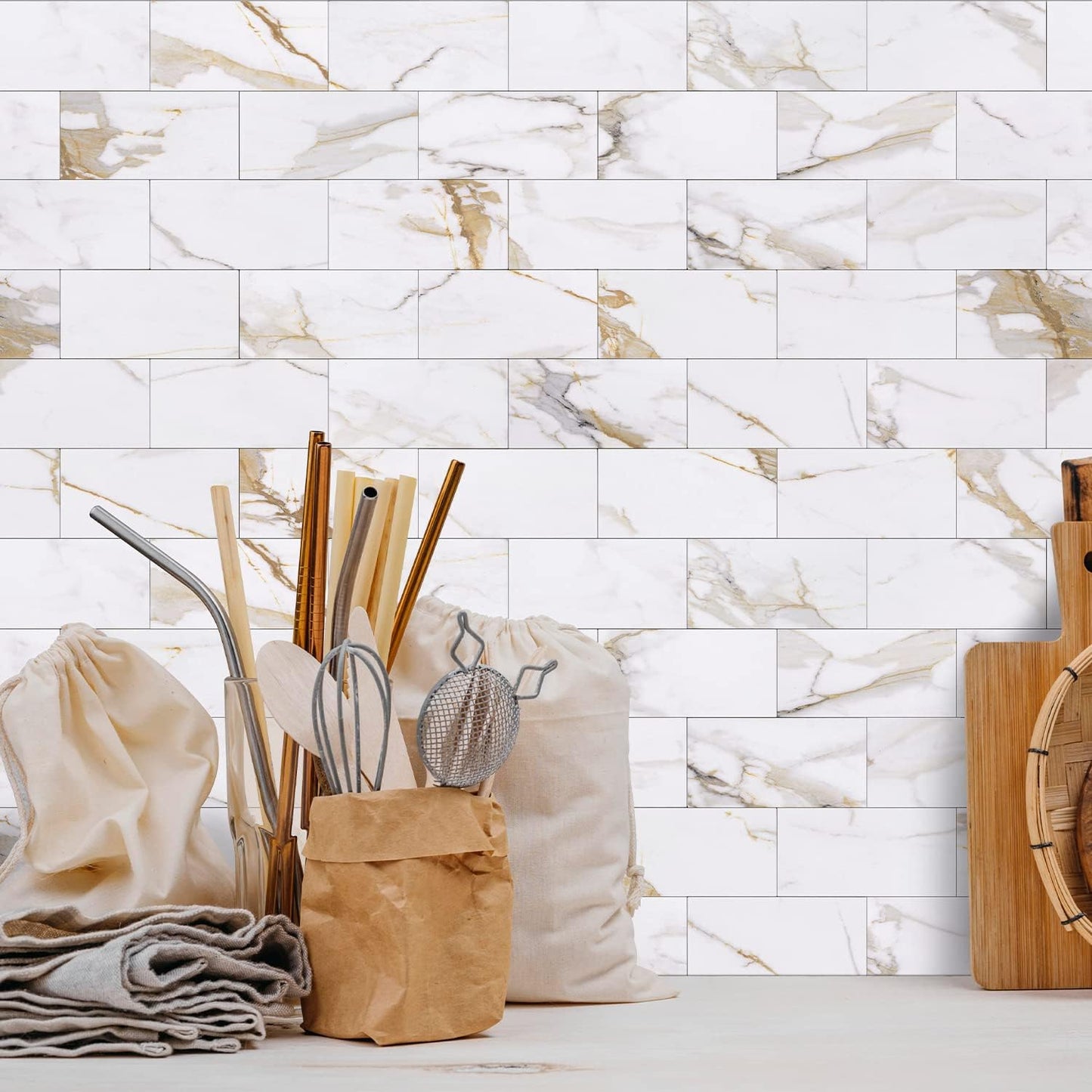 STICKGOO 100-Pieces Peel and Stick Backsplash, 3" x 6" PVC Wall Tile, Marble White Stick on Backsplash for Kitchen/Bathroom/Fireplace