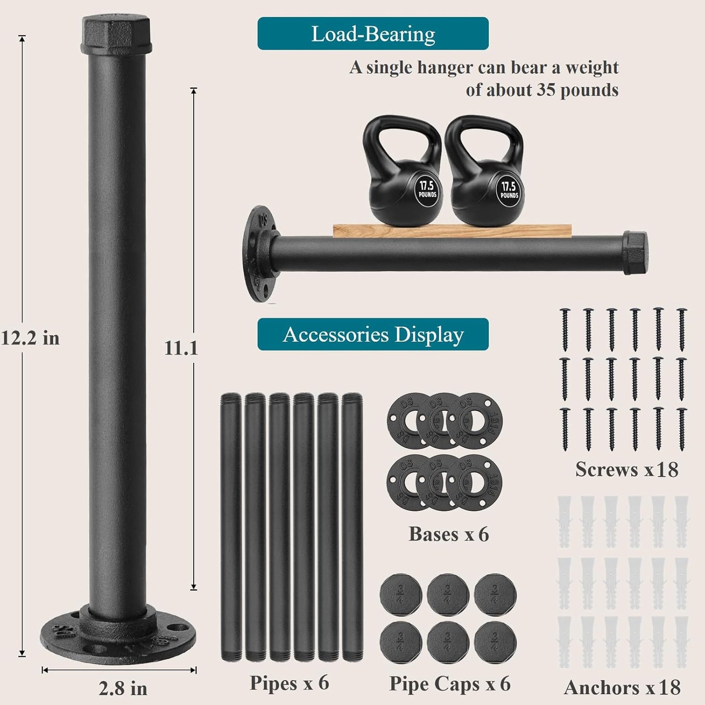 Cast Iron Wall Mounted Clothes Rack, Heavy Duty Industrial Pipe Clothing Rack for Hanging Clothes, Garment Racks for Wardrobe Organizers and Storage, DIY Closet Rods Closet Bar (Black 2 Pack, 12 in)