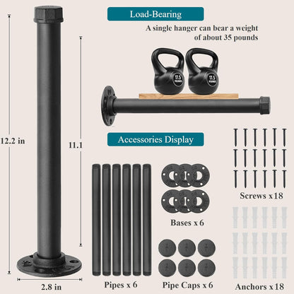 Cast Iron Wall Mounted Clothes Rack, Heavy Duty Industrial Pipe Clothing Rack for Hanging Clothes, Garment Racks for Wardrobe Organizers and Storage, DIY Closet Rods Closet Bar (Black 2 Pack, 12 in)