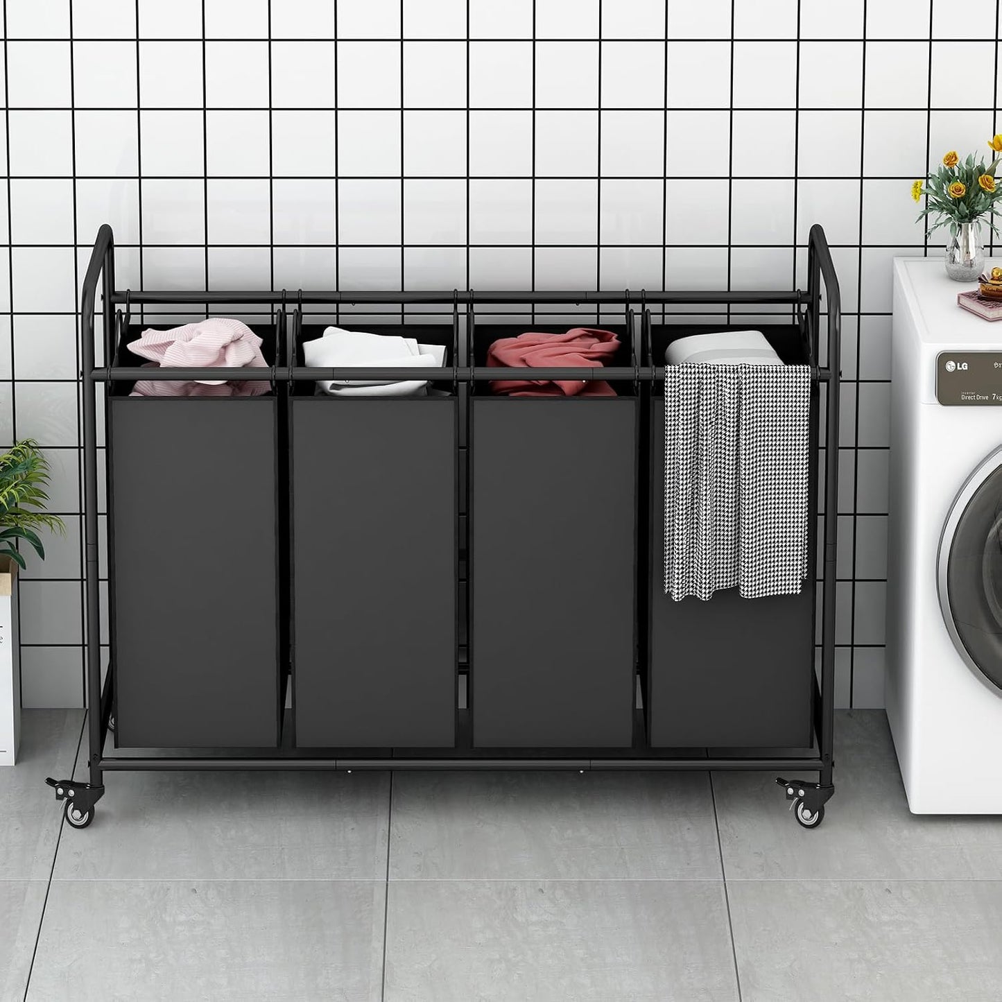 LINZINAR 3-Bag Laundry Hamper, Black Laundry Basket, 35.6 Gal(135 L) Laundry Sorter Cart Laundry Room Organization with Heavy Duty Rolling Lockable Wheels and Removable Bags