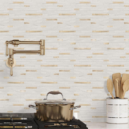 STICKGOO 20 Sheets Peel and Stick Backsplash Tile, Stick on Backsplash for Kitchen and Bathroom, White Sandstone Look PVC Mixed Metal Gold Self Adhesive Wall Tiles