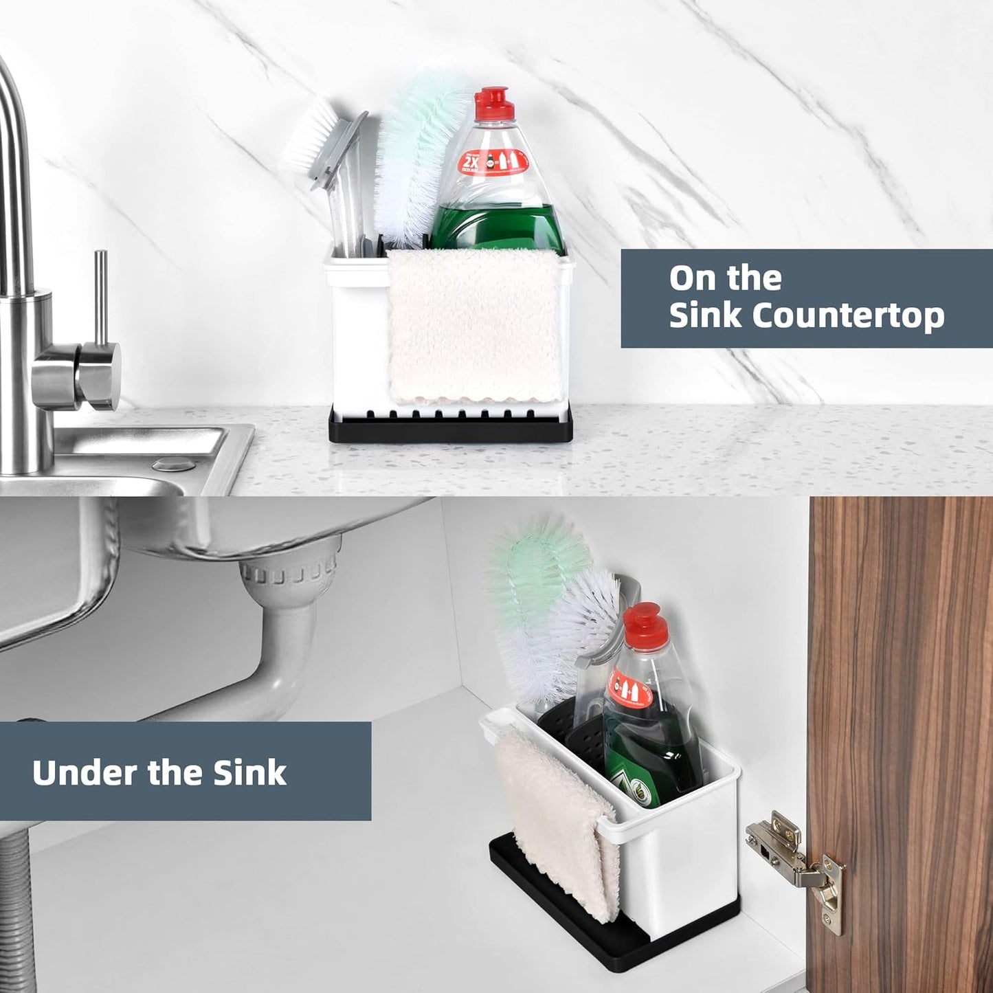 JOMOLA Kitchen Sink Organizer Dish Brush Sponge Holder Caddy Toothbrush Holders for Bathrooms Sinkware Kitchen Utensil Holder Sink Caddy Organizer with 4 Separate Dividers Removable Drain Tray (Grey)