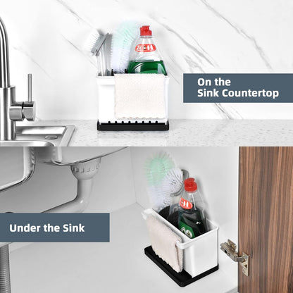JOMOLA Kitchen Sink Organizer Dish Brush Sponge Holder Caddy Toothbrush Holders for Bathrooms Sinkware Kitchen Utensil Holder Sink Caddy Organizer with 4 Separate Dividers Removable Drain Tray (Grey)