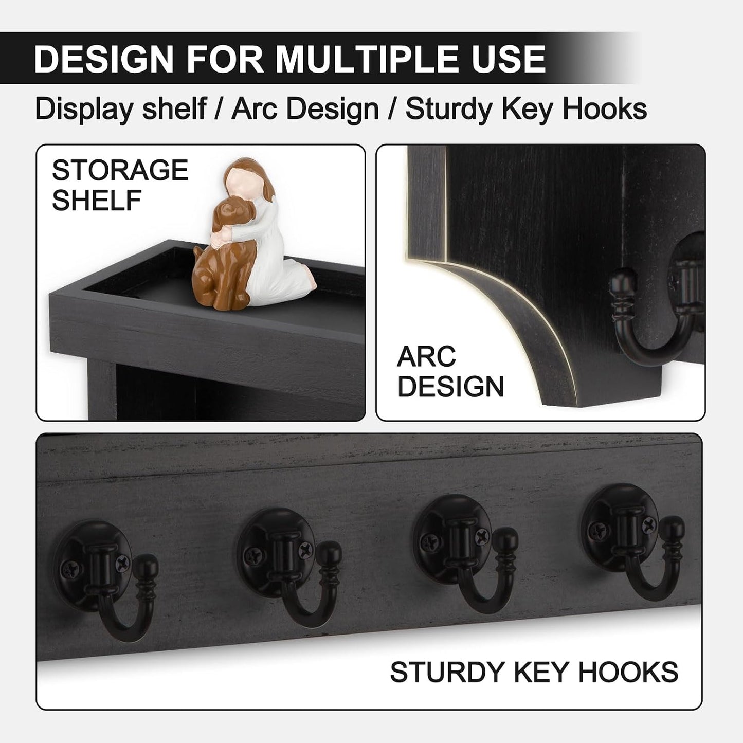 Key and Mail Holder Wall Mount, Key Holder with Shelf and Mail Organizer Wall Mount. Mail Holder with 5 Hooks for Coat, Dog Leash, Home Decor Rack, Entry Way Organizer (White)