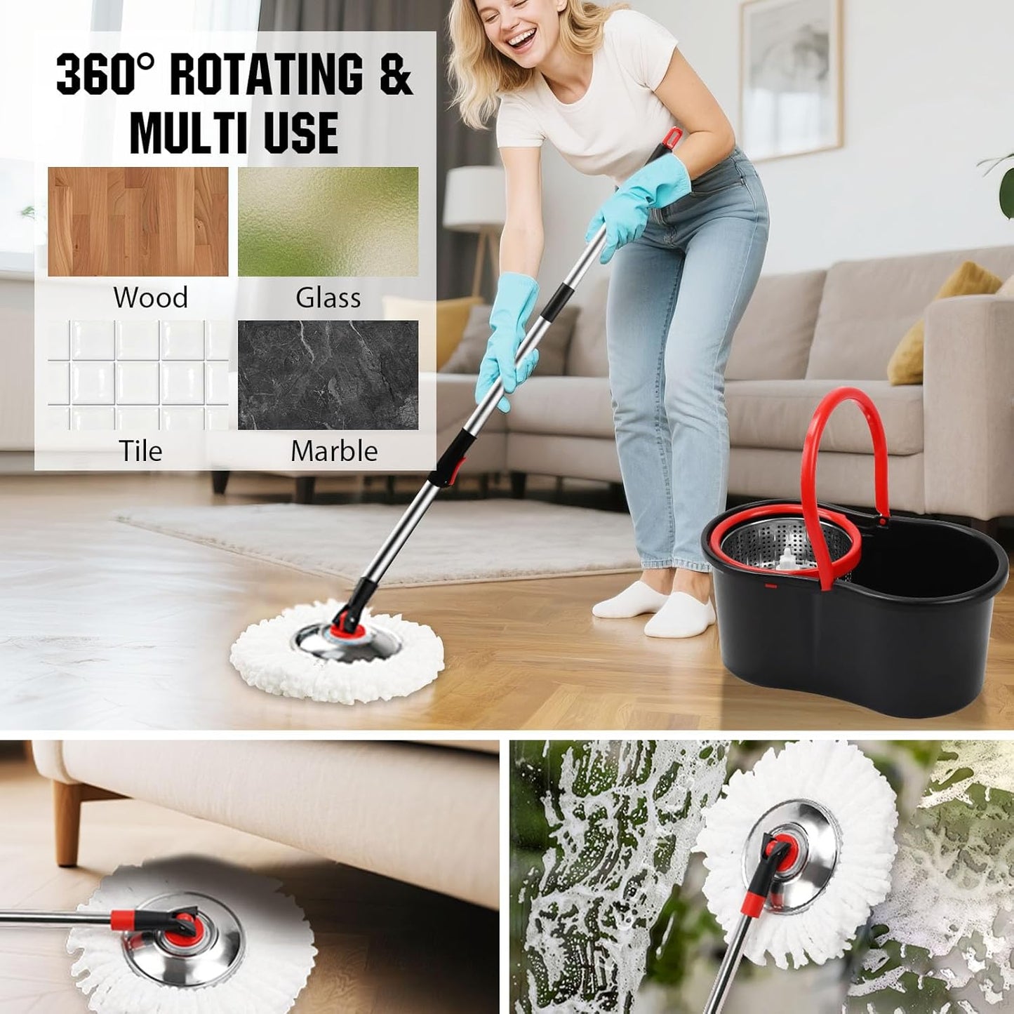Spin Mop and Bucket with Wringer Set, 360° Spinning Mop Bucket System with 3 Microfiber Mop Replacement Heads and 50" Stainless Steel Adjustable Handle for Floor Cleaning