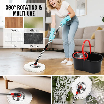 Spin Mop and Bucket with Wringer Set, 360° Spinning Mop Bucket System with 3 Microfiber Mop Replacement Heads and 50" Stainless Steel Adjustable Handle for Floor Cleaning