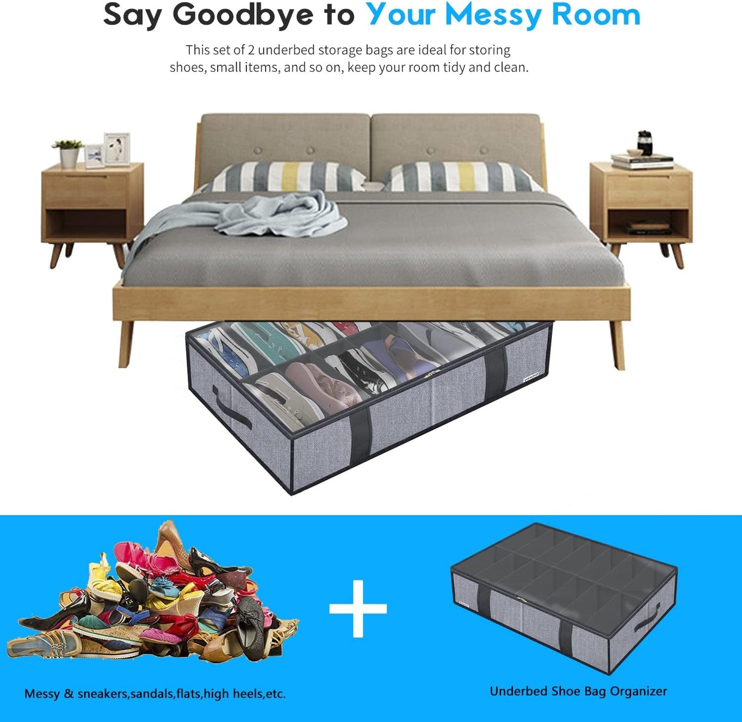 Onlyeasy Sturdy Under Bed Shoe Storage Organizer, Set of 2, Fit 12 to 24 Pairs, Underbed Shoes Closet Storage Solution with Clear Window, Breathable, L29.3 x W23.6 x H5.9, Linen-like Black, MXAUBSB2P
