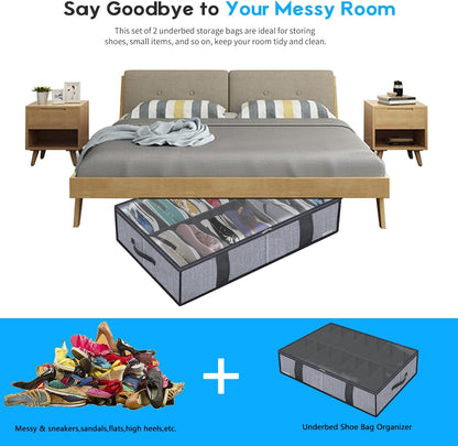 Onlyeasy Sturdy Under Bed Shoe Storage Organizer, Set of 2, Fit 12 to 24 Pairs, Underbed Shoes Closet Storage Solution with Clear Window, Breathable, L29.3 x W23.6 x H5.9, Linen-like Black, MXAUBSB2P