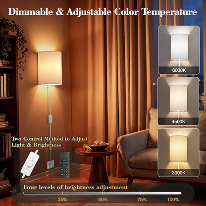 Battery Operated Wall Sconce Set of Two: 10000mAh Wireless Wall Light with Rechargeable Magnetic Bulb - Dimmable Wall Lamp with 7 RGB Colors - Linen Shade Sconces with Remote for Bedroom Living Room
