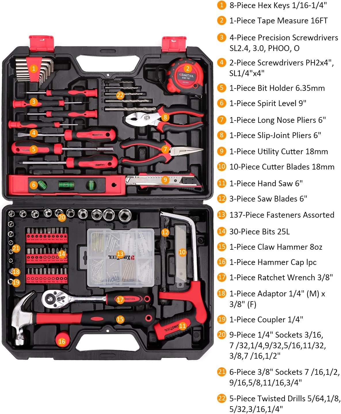 KingTool 325 Piece Home Repair Tool Kit, General Home/Auto Repair Tool Set, Toolbox Storage Case with Drawer, General Household Tool Kit - Perfect for Homeowner, Diyer, Handyman
