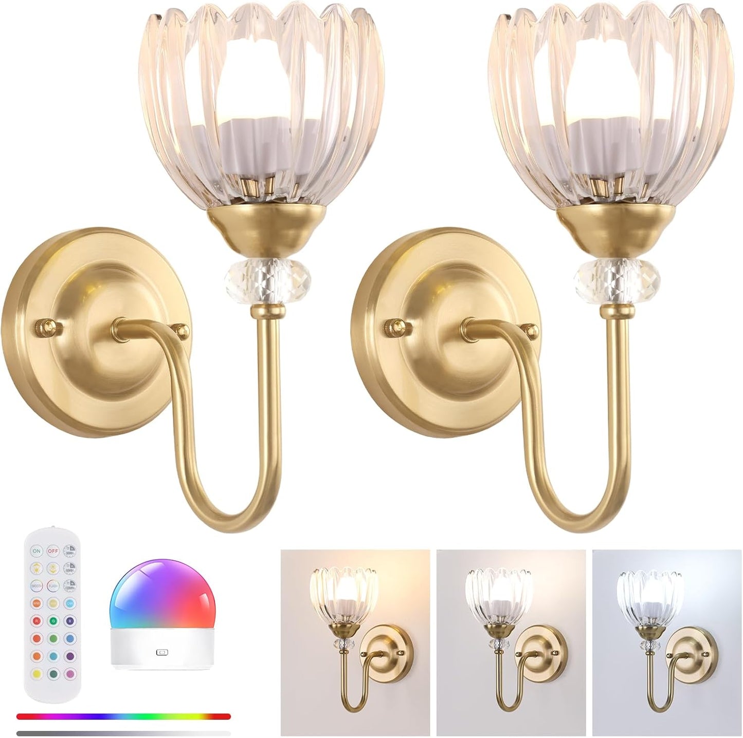 Set of 2 Vintage Battery Operated Wall Sconce, Rechargeable Wall Lamp with 5000mAh Battery & Remote Control, Dimmable Wall Lights with tulip shade for Bedroom Bathroom Living Room, (Tulip Amber Up)