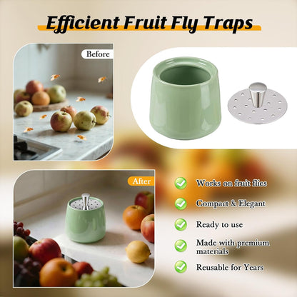 Ceramic Fruit Fly Trap for Indoors, Reusable Kitchen Fly Catcher with Stainless Steel Vent Lid, Uses Safe & Natural Vinegar Bait Trap, Dishwasher Safe, Easy to Use (White,1 Pack)