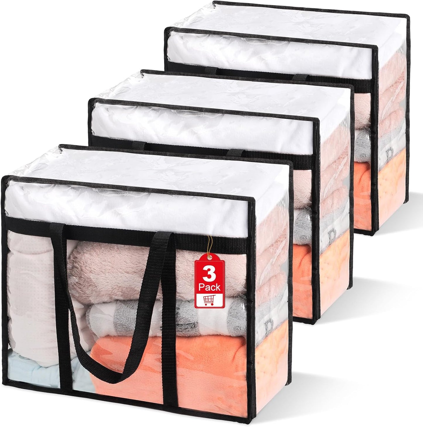 6Pack Clear Blanket Storage Bags Comforter Clothes Storage Moving Bag, 40L | Vinyl Material Reinforced Handle for Bedding, Clothing, Comforters, Pillows, Toys, Closet Organizers and Storage Containers
