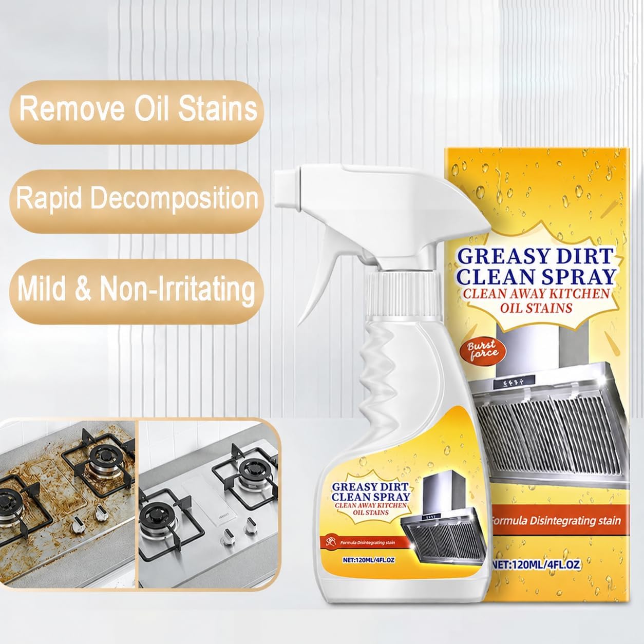 Kitchen Degreaser Spray, Heavy Duty Grease Cleaner for Stove, Oven, Range Hood & Countertops, Multi Surface All Purpose Cleaner for Cabinets, Backsplash & Appliances, Fresh Citrus Scent, 4oz