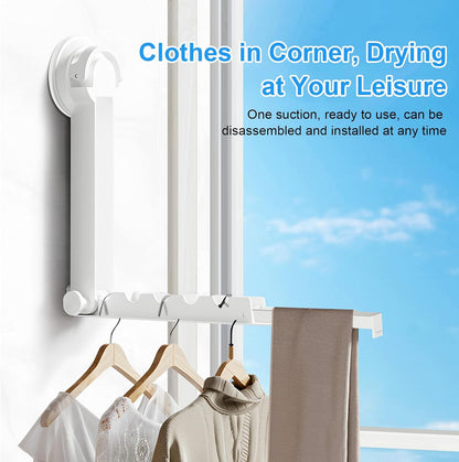 Foldable Clothes Drying Rack with Suction Cup, Wall-Mounted Clothes Drying Rod with Retractable Rod for Laundry Bathroom RV Balcony, Travel Portable Drying Rack for Clothe, White
