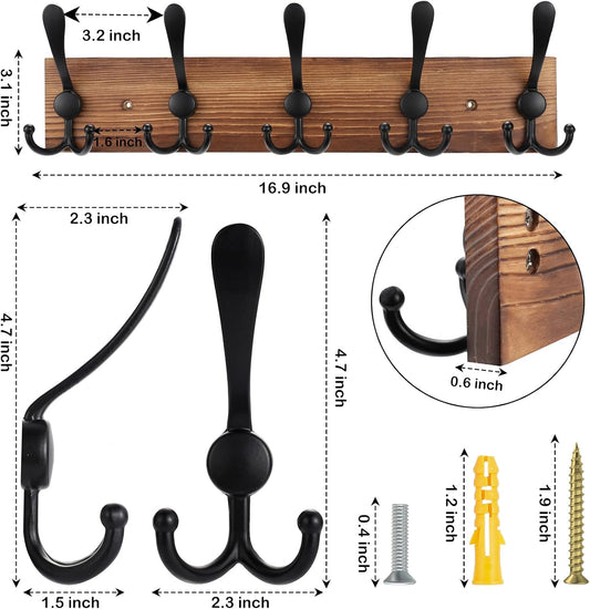 Kuhome 2pcs Coat Rack Wall Mount Wooden Hat Rack for Wall Hooks Pine Real Wood Plank 16.9" Brown Coat Hanger with 5 Triple Hooks for Hanging Coat Hat Jacket