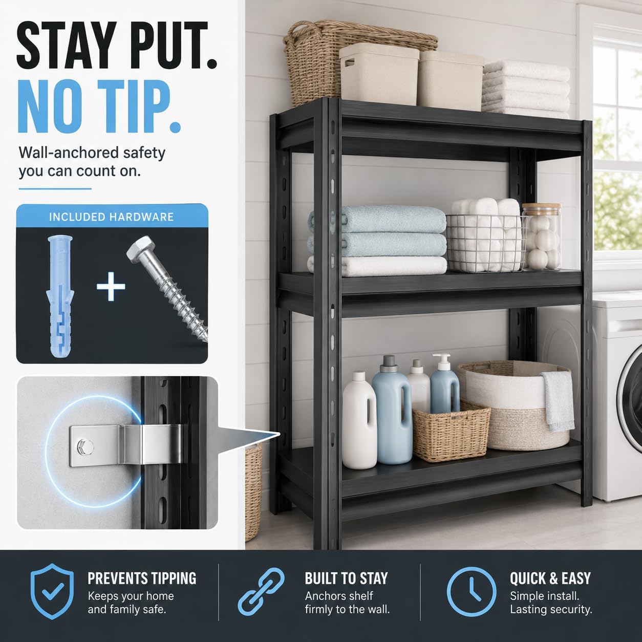 Heavy Duty Over Washer and Dryer Storage Shelf, 4 Tier Adjustable Metal Laundry Room Organizer, Freestanding Utility Shelving Rack, Rust Resistant Steel Storage Shelf, Black, 19.7"Wx 13.8"Dx 44.1"H