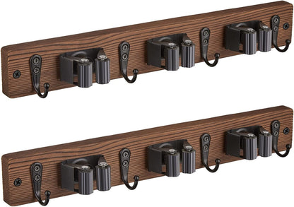 OUTNILI Mop and Broom Holder Wall Mount - Wood Broom Mop Hanger - Wall Mounted Garden Tool Rack Organizer for Closet Garage Laundry Room for Rustic Kitchen Decor With 5 Slots & 4 Hooks