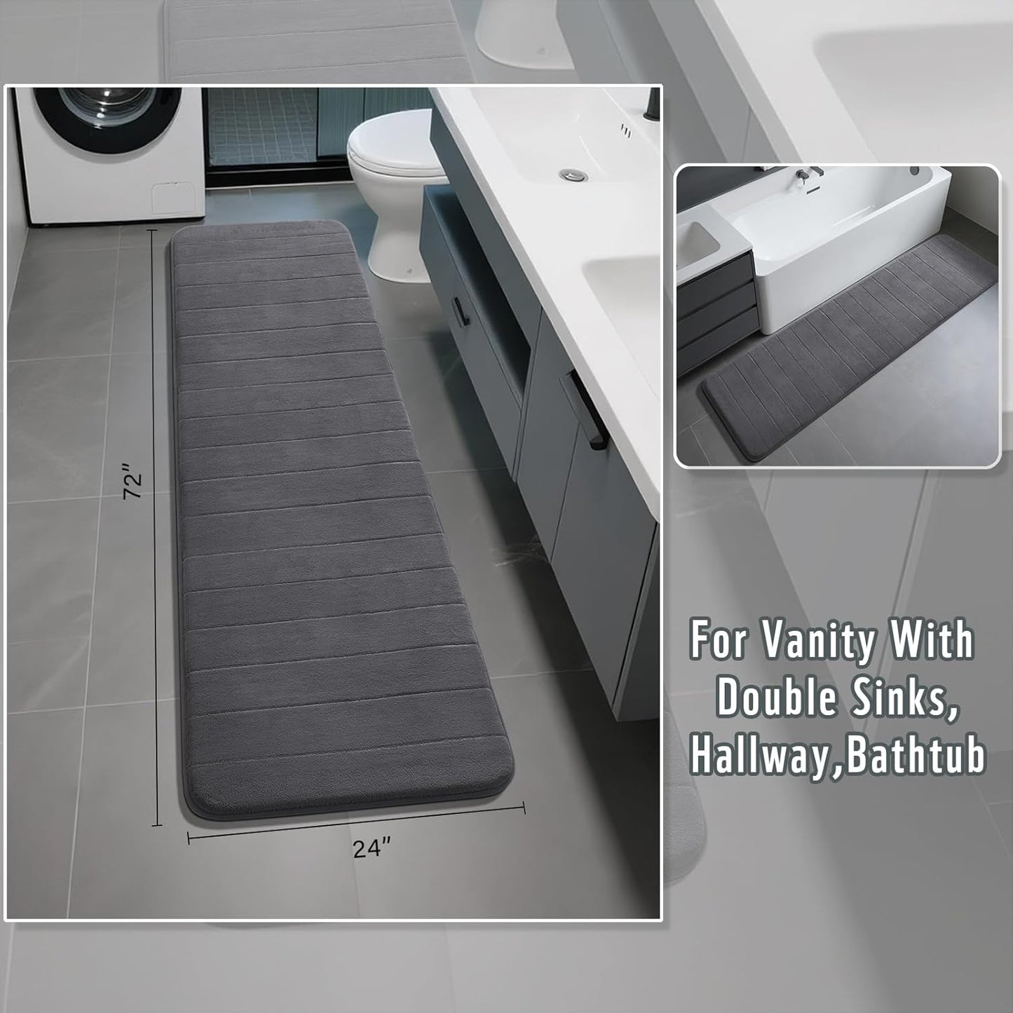 Yimobra Memory Foam Bath Mat, Super Soft Absorbent Bathroom Rug Non Slip, Quick Dry, Machine Washable Floor Carpet for Tub Shower, Home Decor Accessories, 24x17, Grey