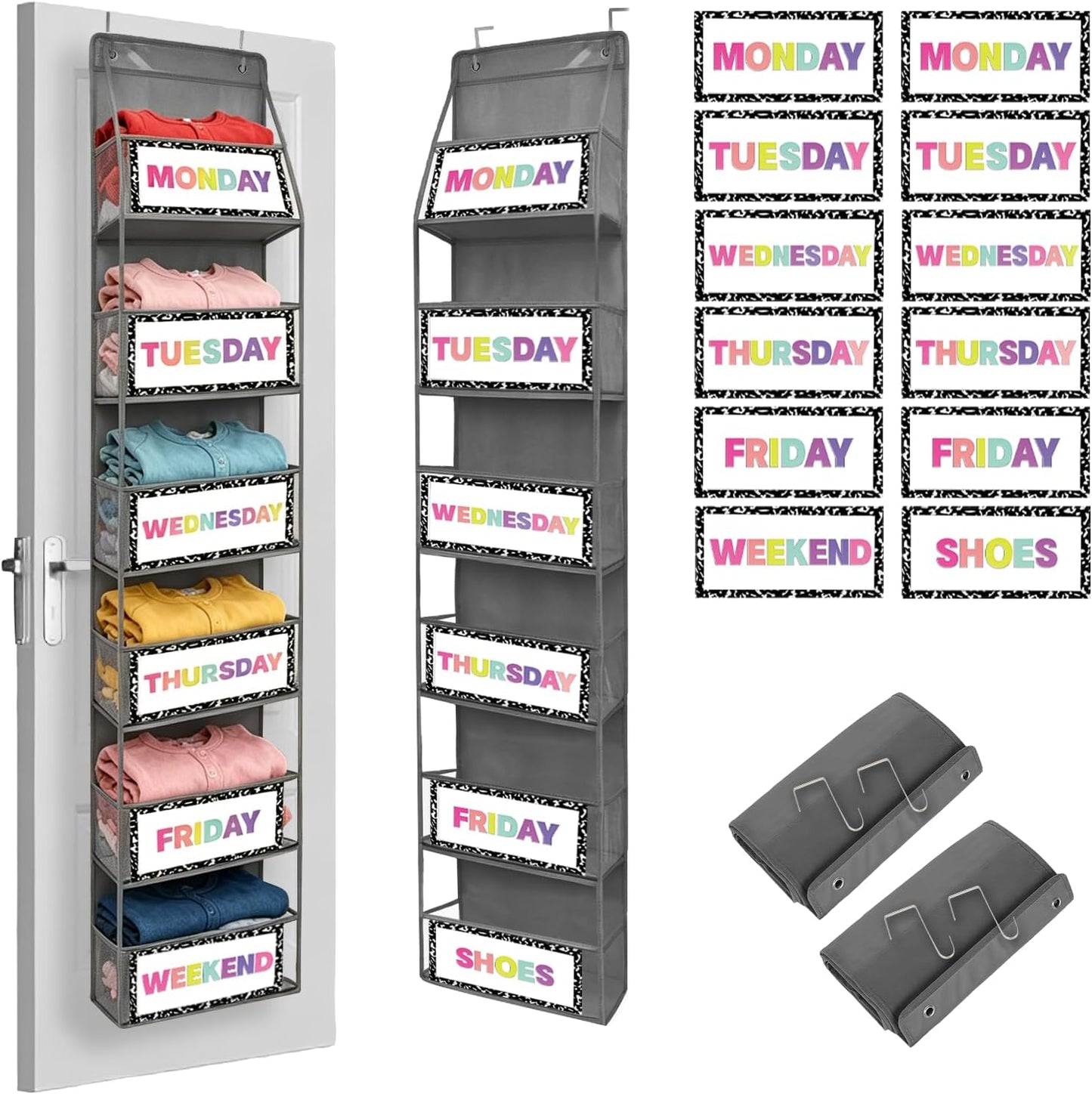 2 Pack Weekly Clothes Organizer for Kids, 6 Shelf Hanging Closet Organizer with Clear Window, Foldable Days of the Week Over the Door Outfit Organizer with Labels for Closet School