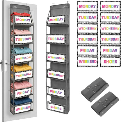 2 Pack Weekly Clothes Organizer for Kids, 6 Shelf Hanging Closet Organizer with Clear Window, Foldable Days of the Week Over the Door Outfit Organizer with Labels for Closet School