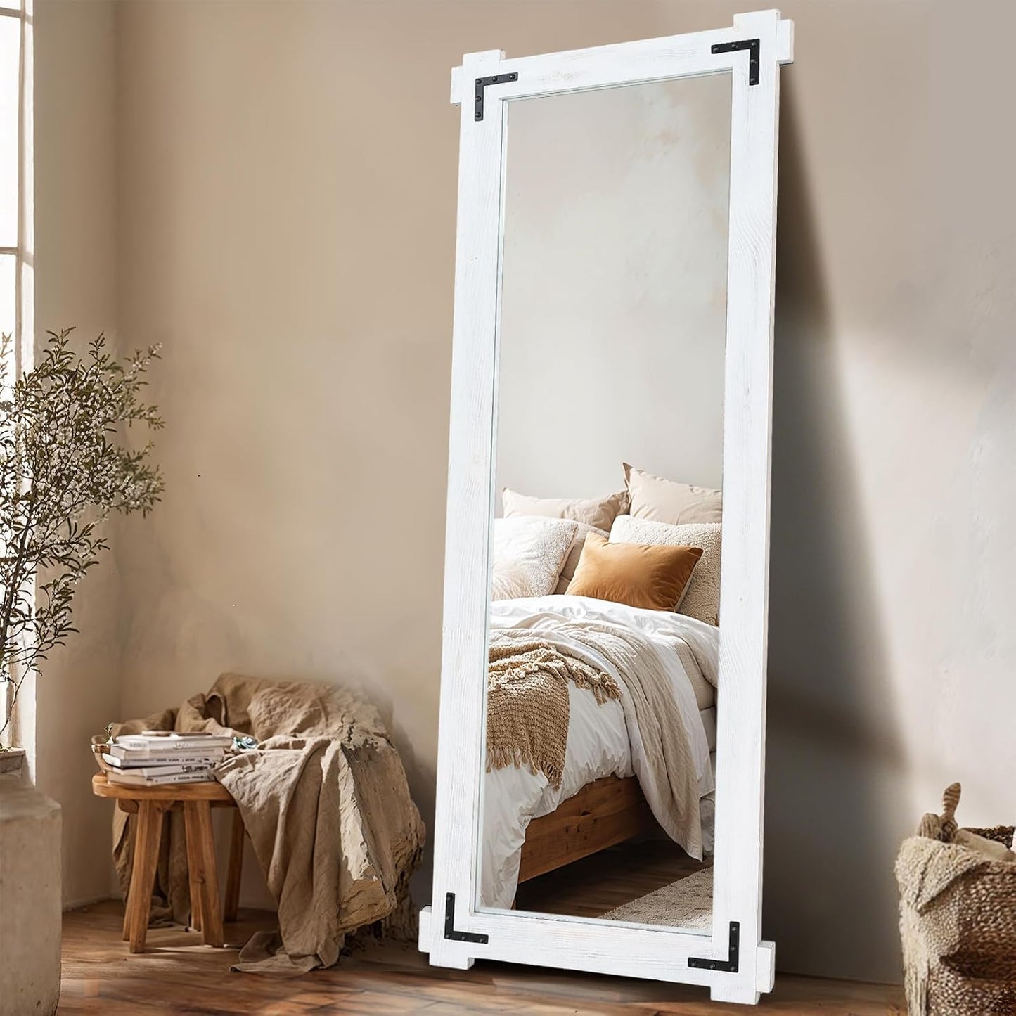65x24 Inch Full Length Mirror, Pine Frame Full Body Standing Mirror with Metal Decorative, Black