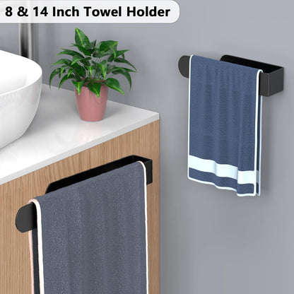 HUFEEOH 2 Pack Adhesive Hand Towel Holder, Kitchen Towel Rack Towel Bars Wall Mounted, Stainless Steel Bath Towel Hanger for Bathroom Hotel Kitchen (White, 8 Inch(2PC))