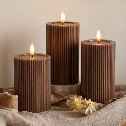 Fluted Ribbed LED Pillar Candles, Cream Beige, with Reflective Melted-Wax Effect – Flickering Flame, Remote, Dimmable, Flameless, Battery Operated, Home & Wedding Decor (Set of 3)